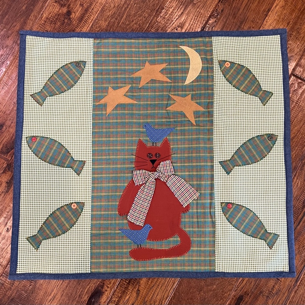 Hand Crafted Plaid Cat and Fishes Wall Hanging - Red, Blue, Green, Gold